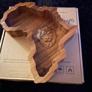 Wooden Africa Shaped Tray with Lion Carving
